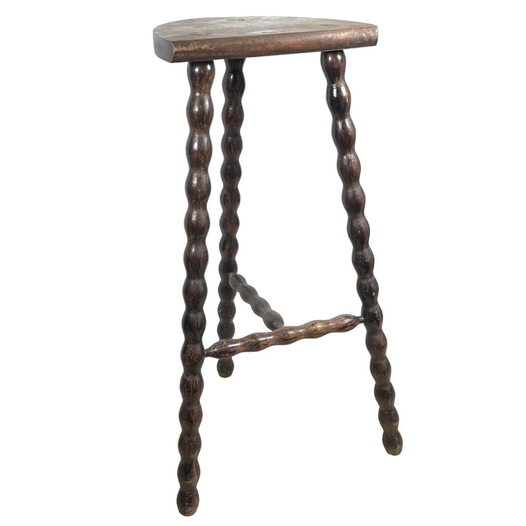 Vintage Tripod Stool French Tall Wooden Wood Bar Chair Seat Kitchen Table Farm D Shaped Seat Braced Tabouret c1960’s