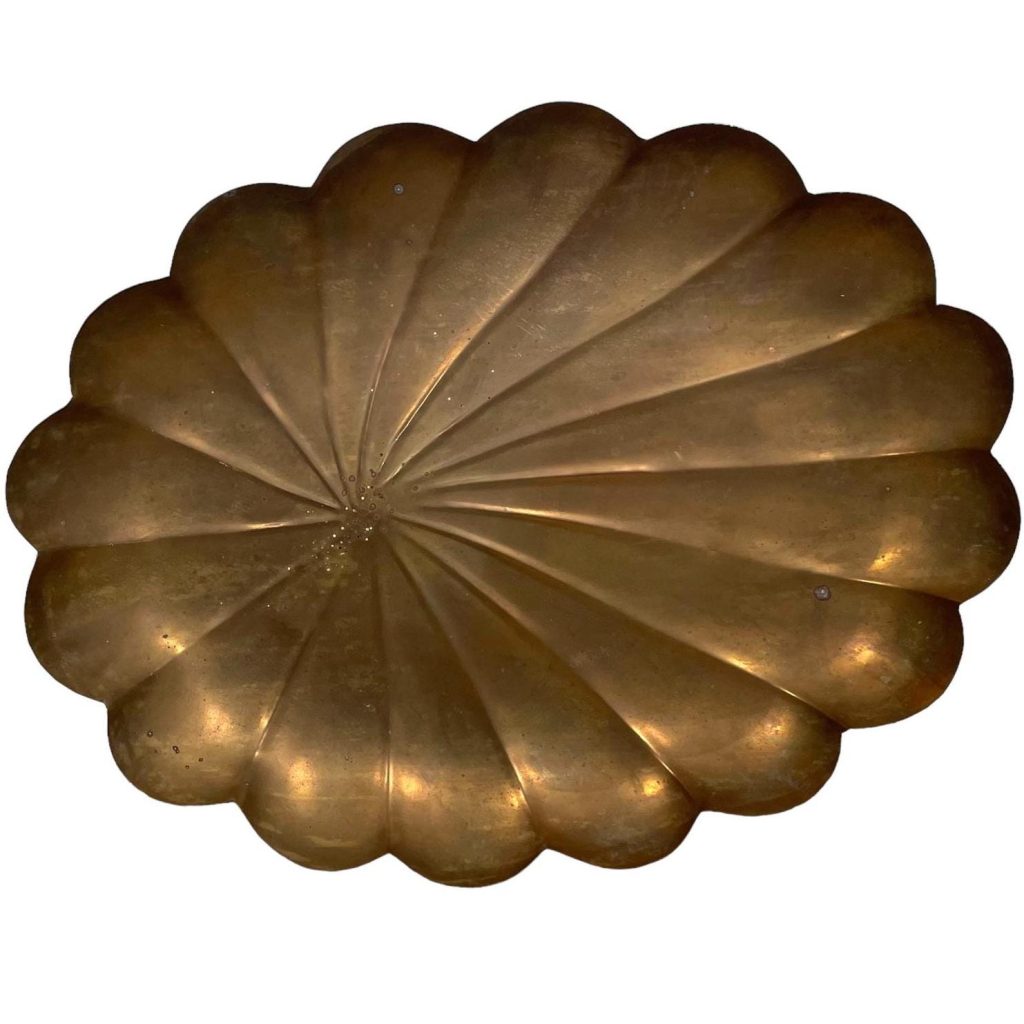 Vintage French Brass Lotus Leaf Or Shell Like Shaped Oval Display Or Serving Tray Dish Platter Decorative circa 1950’s