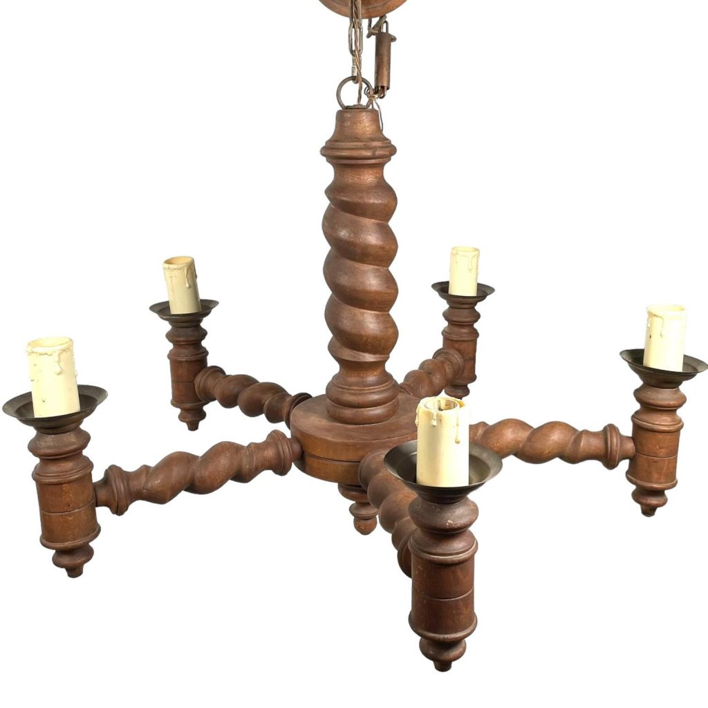 Vintage French Wooden Barley Twist Pendant Chandelier Electric Lamp Light Twisted Wood For REPAIR / REFURBISHMENT circa 1950’s