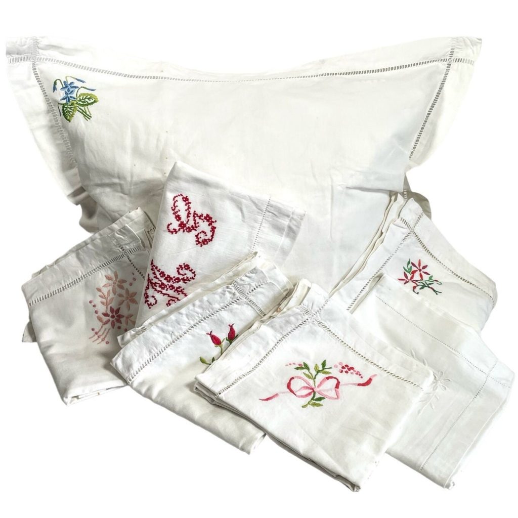 Vintage French Cotton Pillowcases x 7 Mixed Collection Embroidered Bed Linen Square Cushion Cover Pillows Case circa 1940-50’s