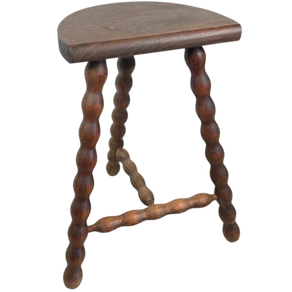 Vintage French Stool Chair Seat Wooden Milking Kitchen D Shaped Seat Braced Bobbin Leg Plant Rest Stand Plinth Tabouret c1960-70’s