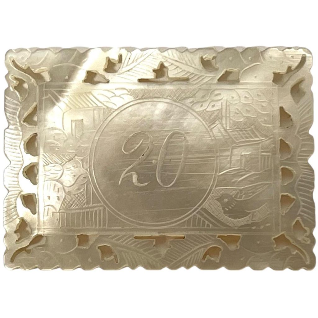 Antique Chinese INDIVIDUAL Lattice Edged Mother Of Pearl Rectangular People Scene Number 1 Gaming Chip Counter Token c1850’s