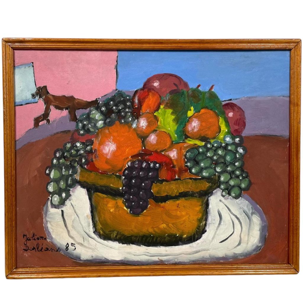 Vintage French Still Life Fruit Bowl Apple Orange Grapes Painting On Board Framed Signed Juliette Donliano circa 1985