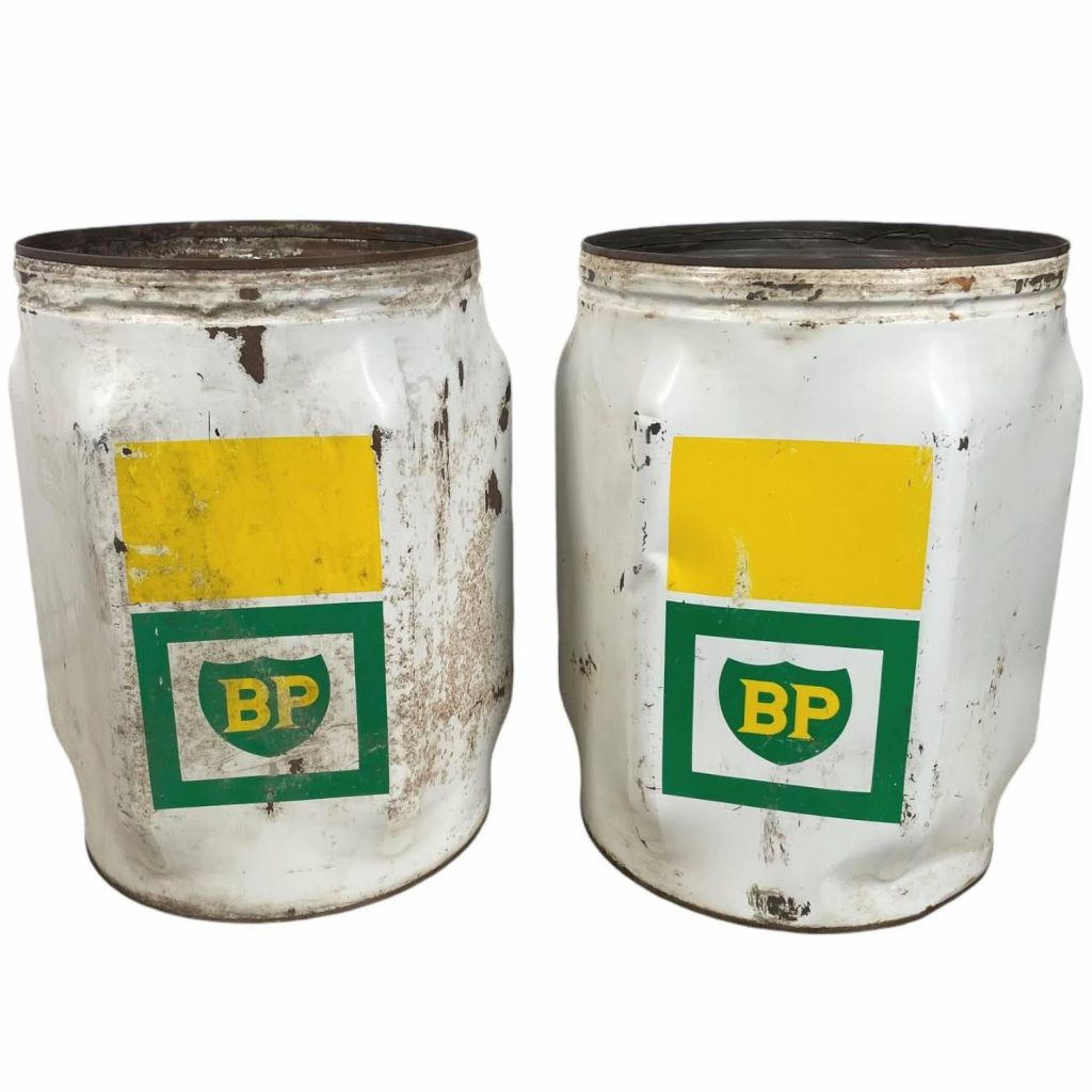 Vintage Large BP British Petroleum Oil Huile Canister Can Metal Container Trash Bin Mechanic Automobilia Gift c1960-70’s