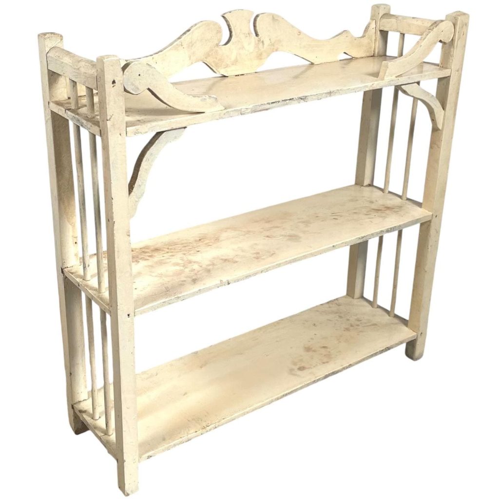 Vintage French Homemade White Wooden Triple Shelf Self Standing Display Cabinet Stand circa 1940-50’s