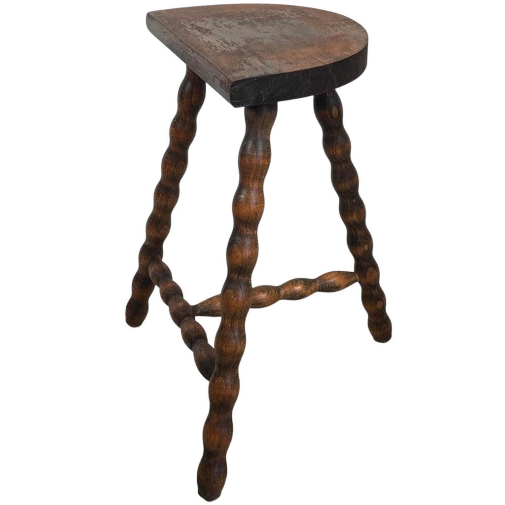 Vintage French Stool Chair Seat Wooden Milking Kitchen D Shaped Seat Braced Bobbin Leg Plant Rest Stand Plinth Tabouret c1960’s