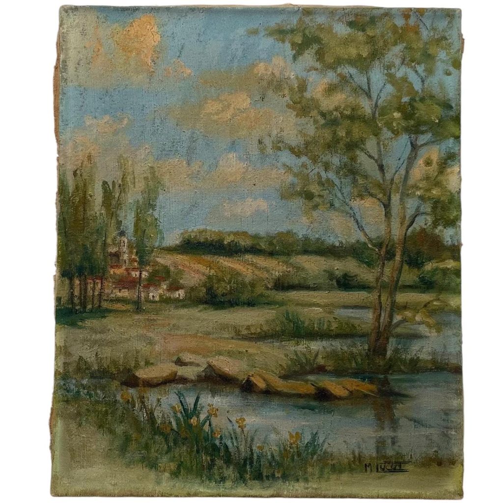 Vintage French Oil Painting Village Art Lake River Countryside On Canvas Lukot Signed Southern France circa 1940-50’s