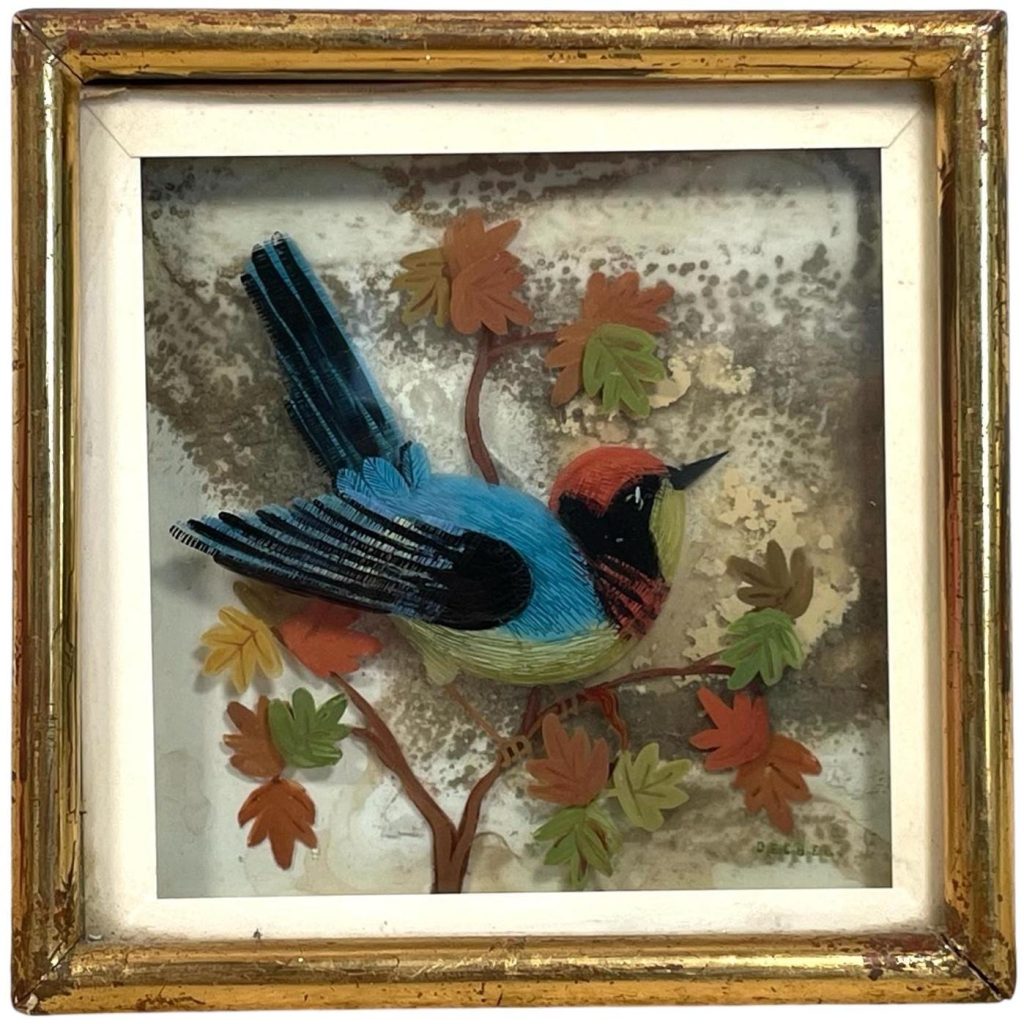 Antique French Layered Glass Painting Bird In Golden Frame PrGlass Fronted Gold Painted Frame Flowers Garden Scene circa 1910-20