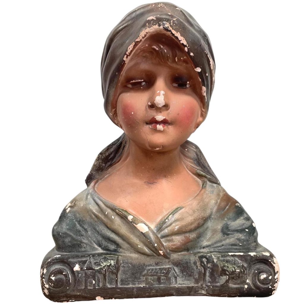 Antique French Plaster Girl In Bonnet Bust Head Ornament Figurine Display Gift Figurine Antiques c1900’s