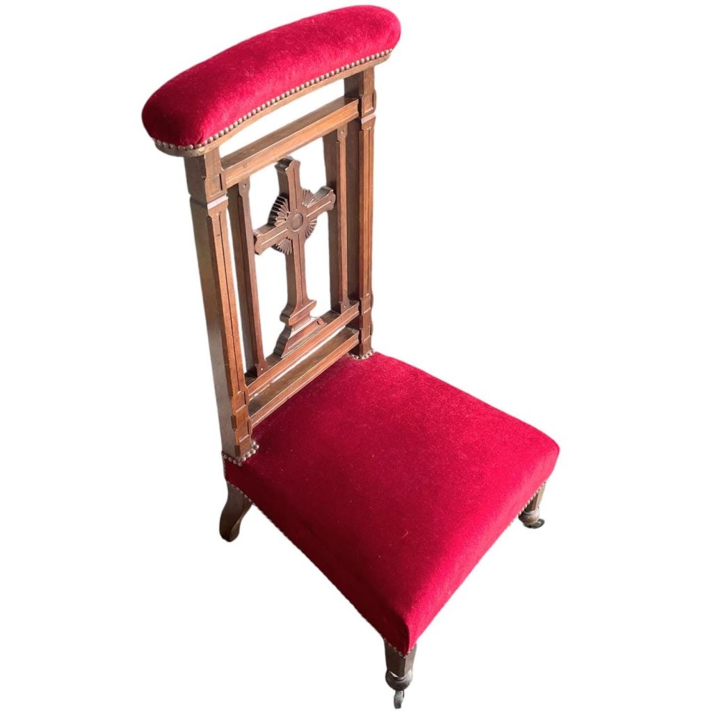 Antique French Large Wooden Red Cushioned Prayer Praying Kneeling Stool Chair Seating Kneel Kneeler Pray c1920’s