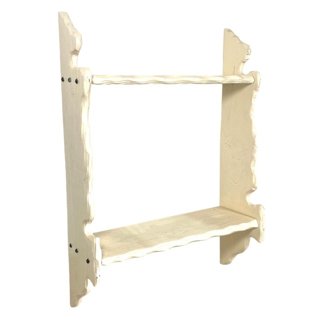 Vintage French Wooden Two Shelf Tier Wall Hanging Mounted Shelving Unit Painted Cream White Country Cottage circa 1960-70’s