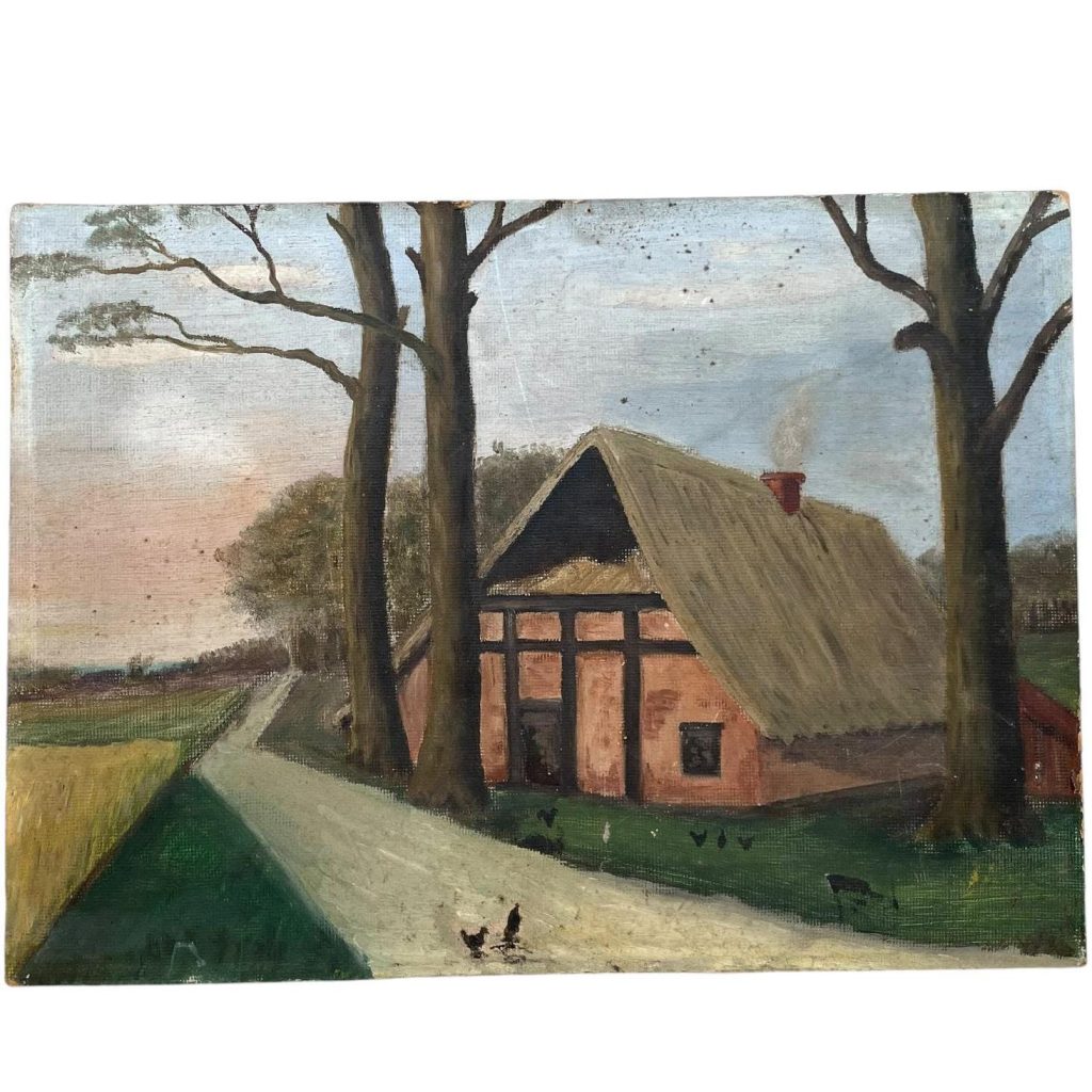 Vintage French Chicken Barn Normandy Farmhouse Trees Tree Woodland Acrylic Painting On Board  Unsigned circa 1950’s