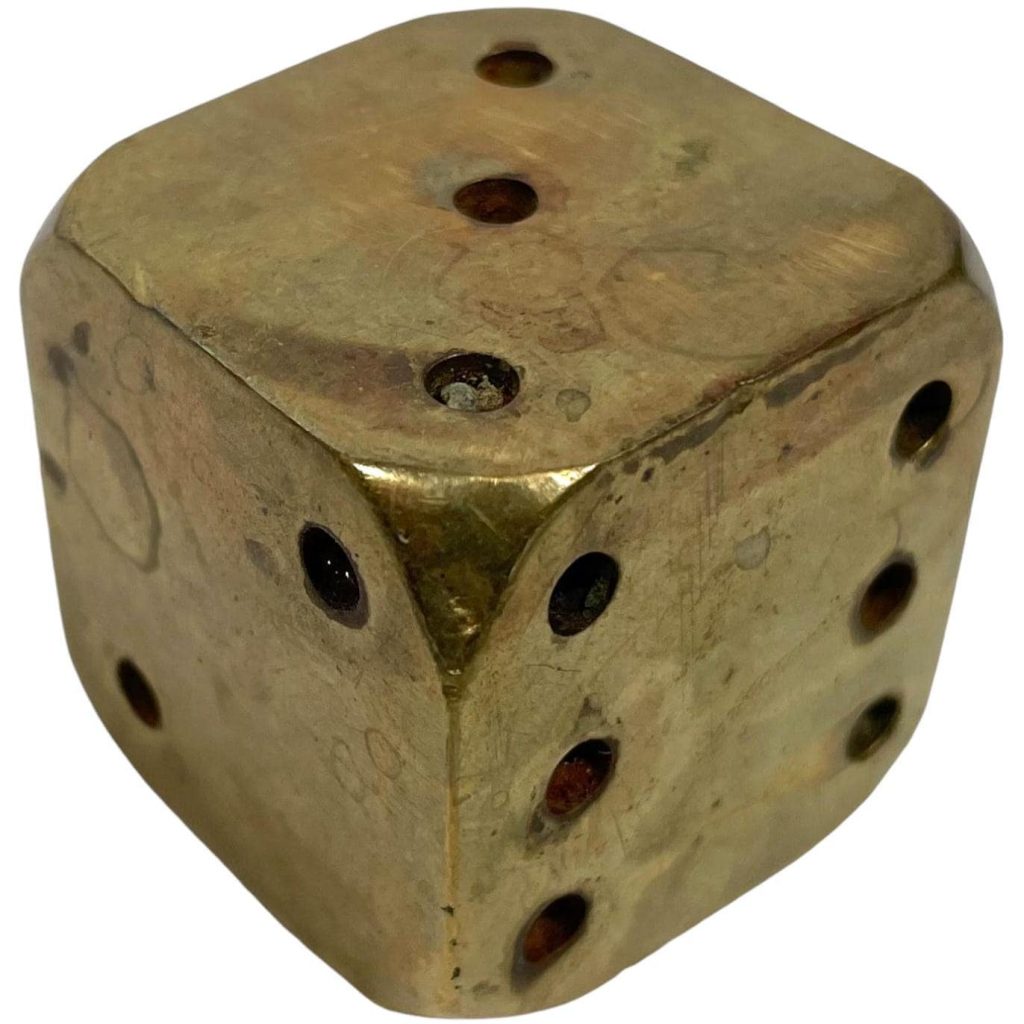 Vintage French Golden Solid Brass Dice Ornament Figurine Sculpture Statue Cast Luck Gambler Gift circa 1930-40’s