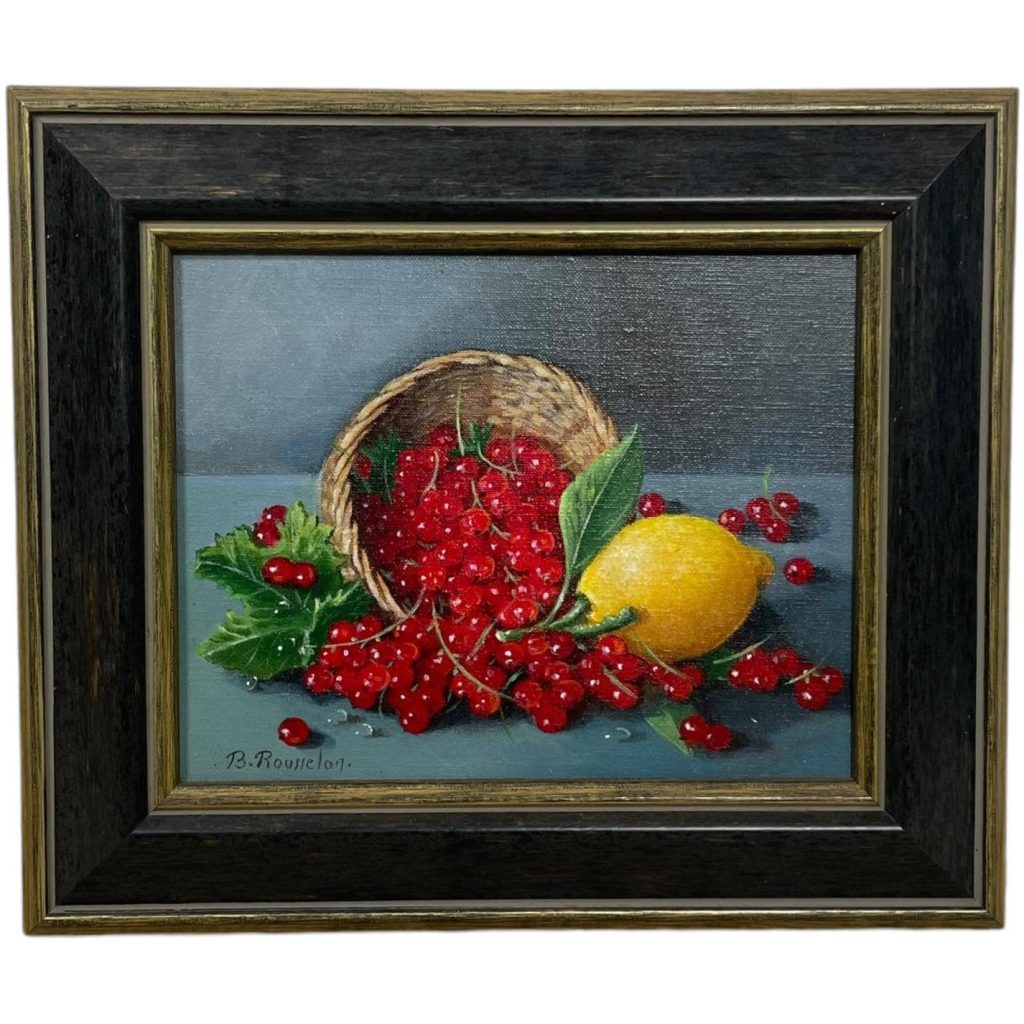 Vintage French Acrylic Painting Of Redcurrants Lemon Basket Wall Hanging Decor Display B Rousselon c1970’s