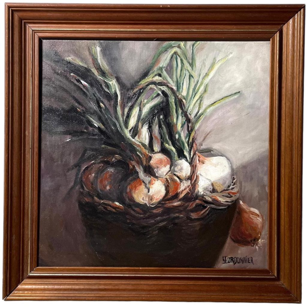 Vintage French Vegetable Framed Original Painting Onions Still Life On Canvas Signed Seor Donnier circa 1980’s