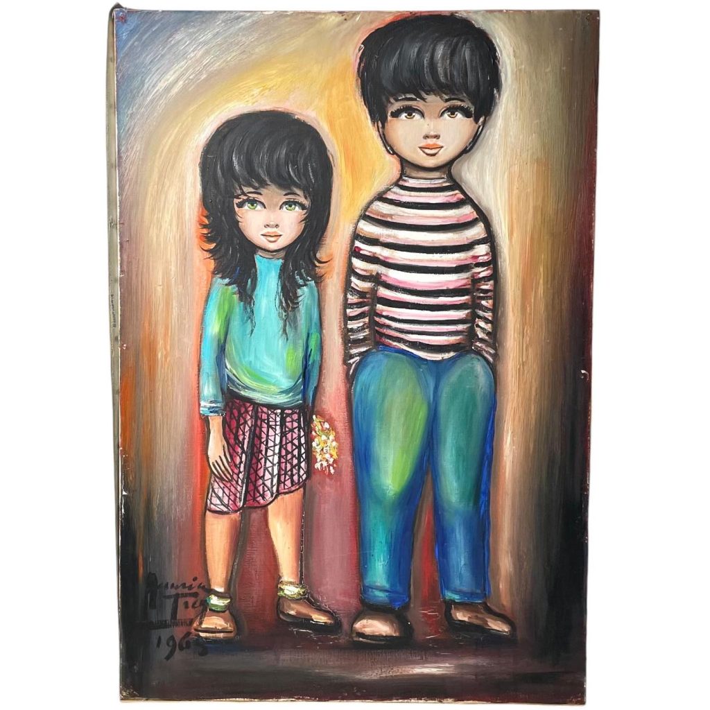 Vintage French Children Original Acrylic Painting “Siblings” Signed By Artist Agrurin Trey Painting On Canvas c1965