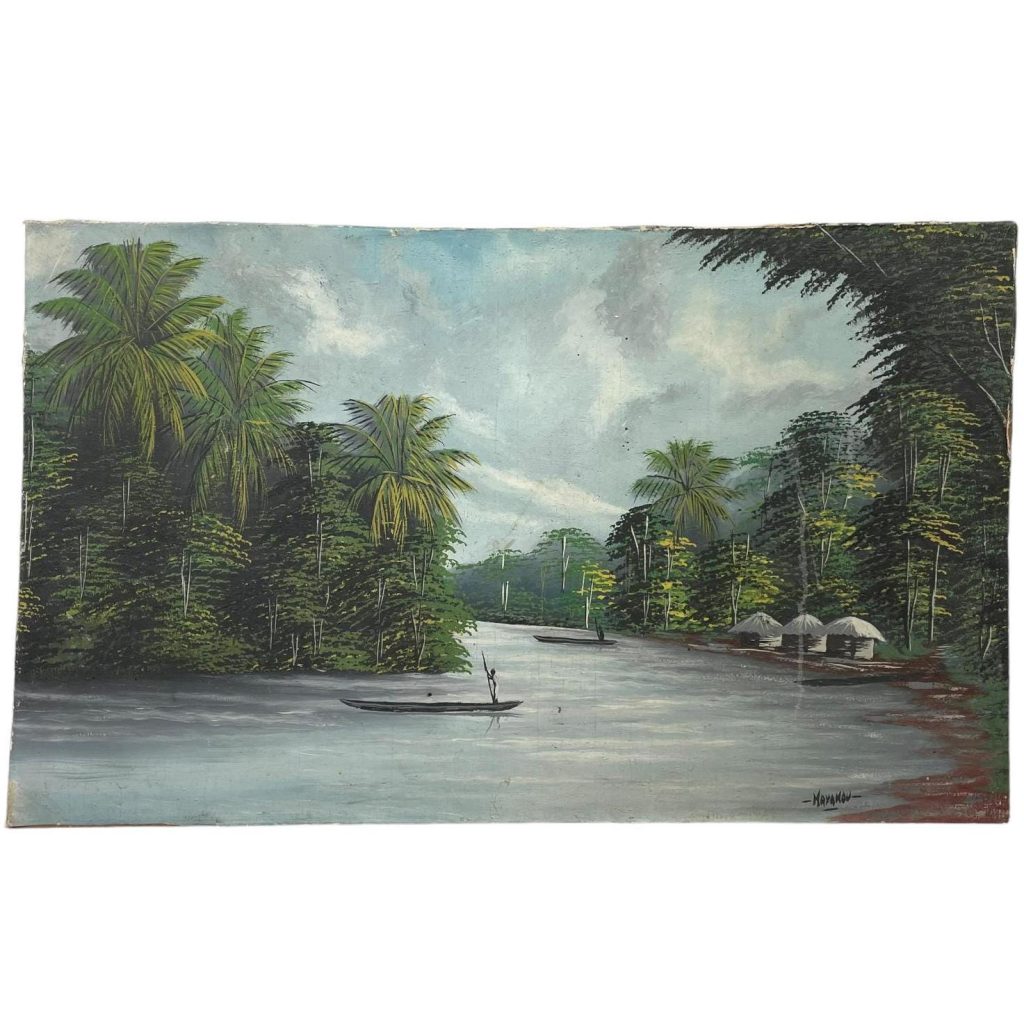 Vintage African Tropical Forest Jungle River Painting Acrylic Skyline Palm Trees Scenic Paper On Board Signed Mayamou c1950-60’s