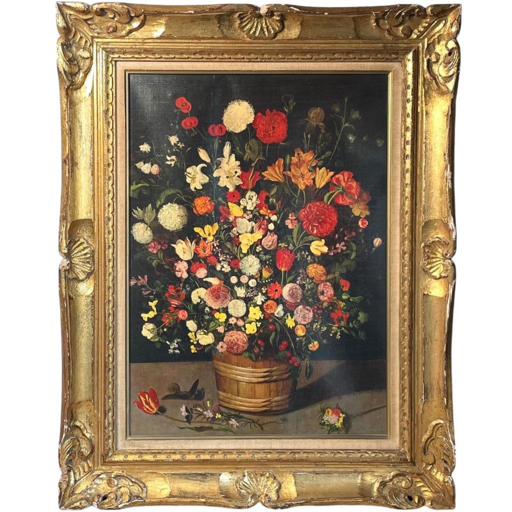 Vintage French Jean Brueghel Large Print On Canvas Bouquet De Fleurs Au Colimacon In Gold Wooden Frame circa 1960’s