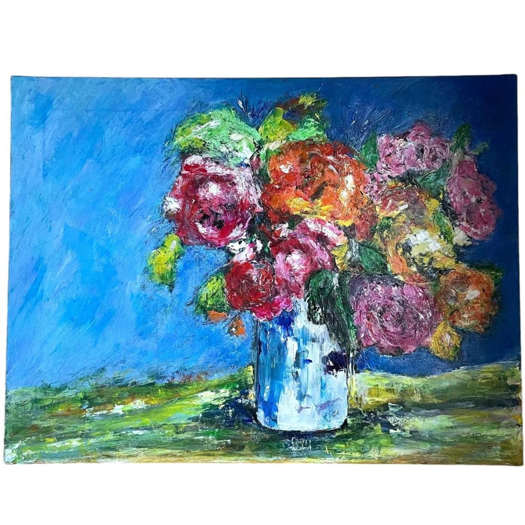 Painting Vase Of Flowers Original Oil On Canvas Wall Decor Decoration Signed By Artist G. Laftiente