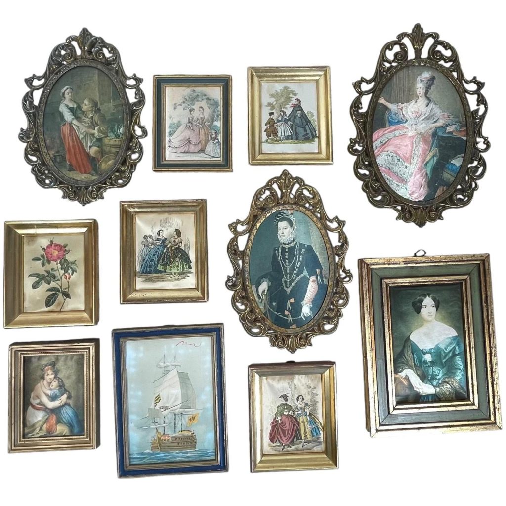 Vintage French Small Framed Print Collection Of Eleven Reproduction Artworks Pictures Wooden Wood Gold Framed c1960-70’s