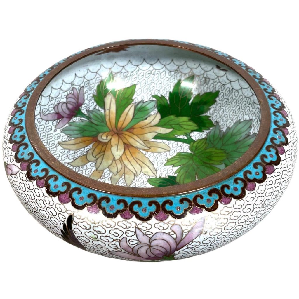 Vintage Chinese Cloisonne Bird Green Blue Metal Dish Bowl Storage Display Ornament circa 1950’s