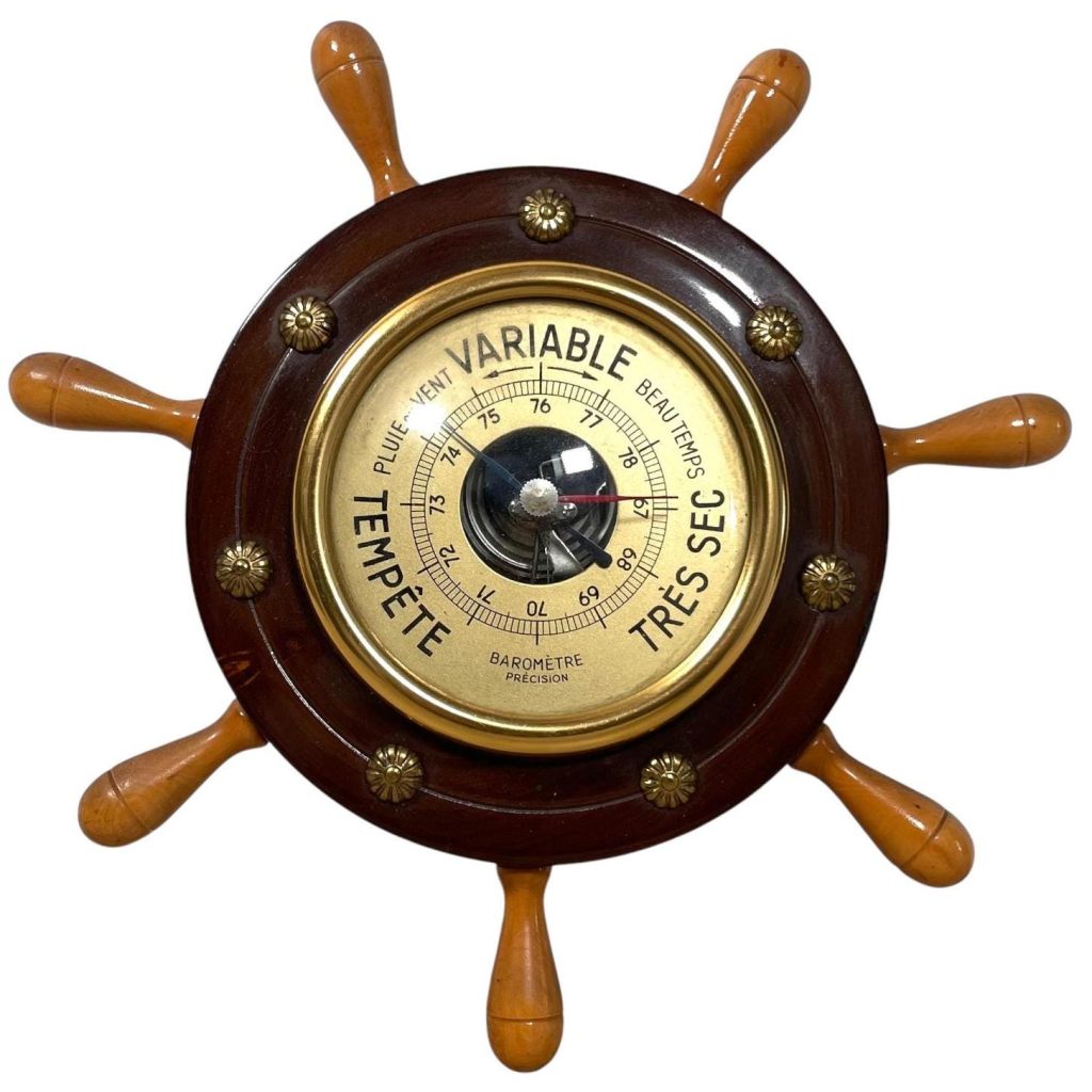 Vintage French Ships Wheel Shaped Metal Wood Barometer Barometre Weather Forecasting Instrument Hanging Wall c1970-80’s