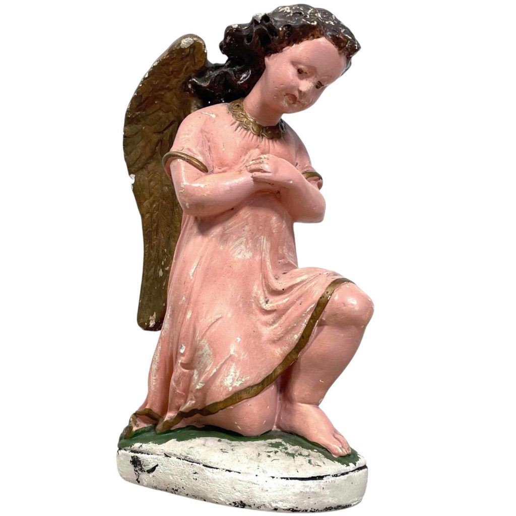 Vintage French Plaster Kneeling Grieving Praying Angel Worn Chipped c1920-30’s