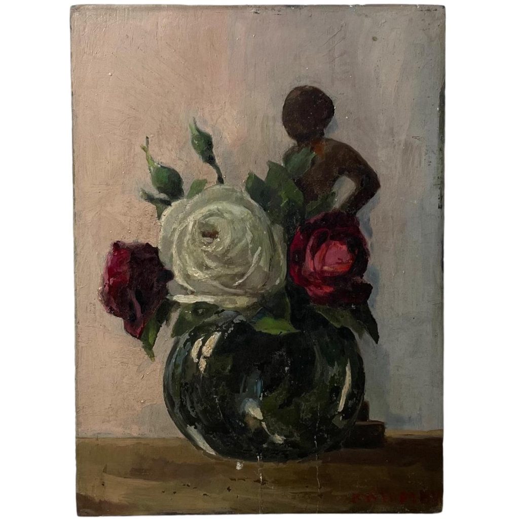 Vintage French Still Life Flowers Roses Figurine Oil Painting On Wood circa 1930-40’s