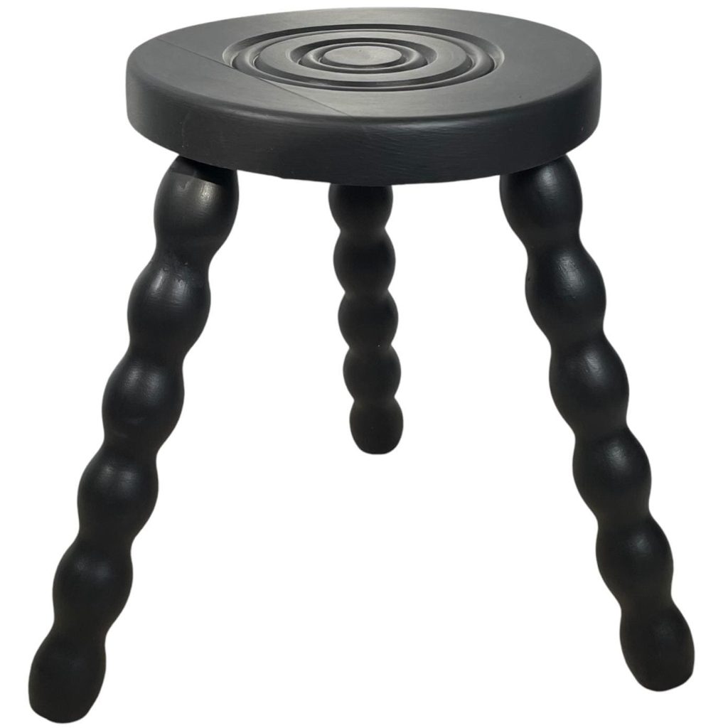 Stool Vintage French Refurbished Black Tripod Bobbin Leg Wooden Milking Table Round Shaped Plant Rest Stand Plinth Tabouret c1950-60’s