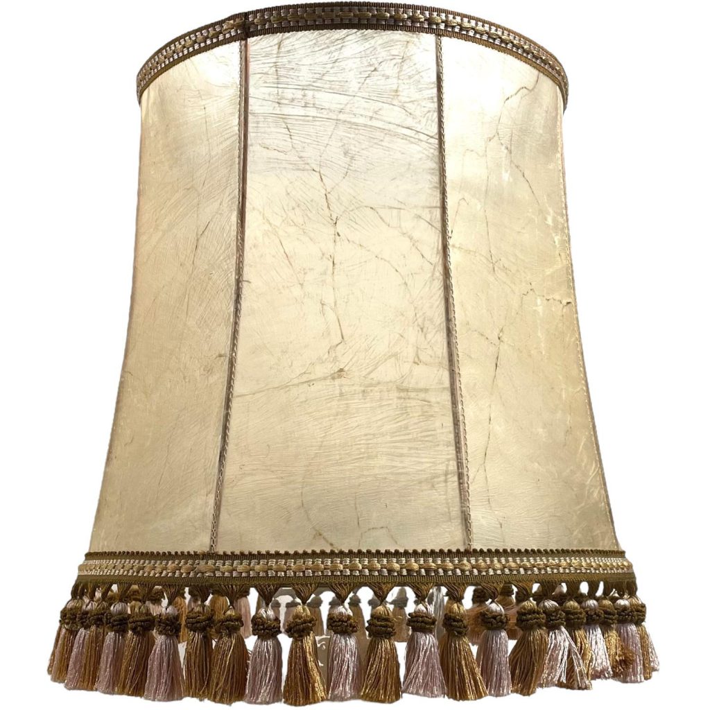 Vintage French Lampshade Leather Skin Beige Brown Large Lamp Shade Tassle Fringe Design circa 1950-60’s