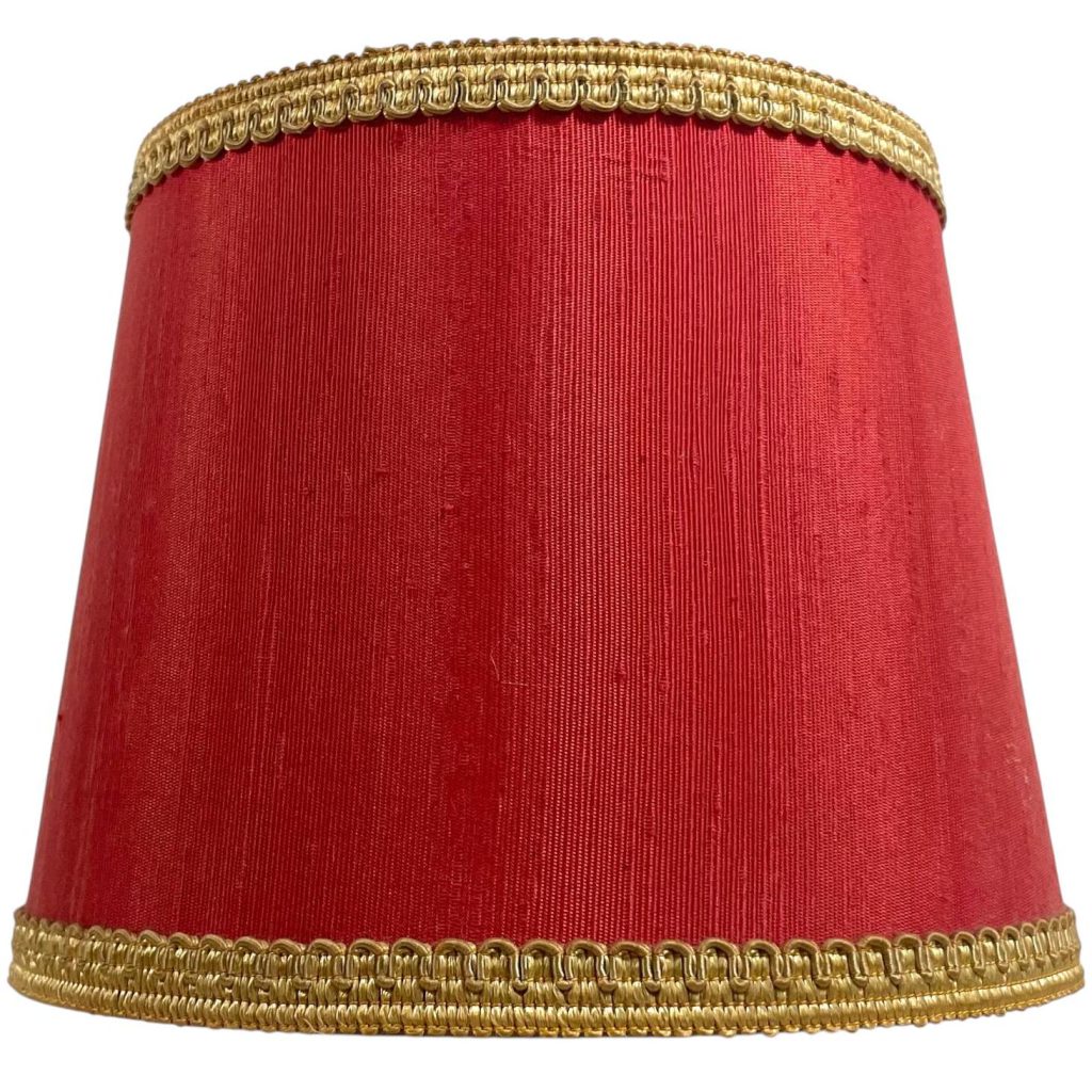 Vintage French Lampshade Fabric Canvas Red Gold Small Desk Table Lamp Shade Material Fringe Design circa 1960-70’s