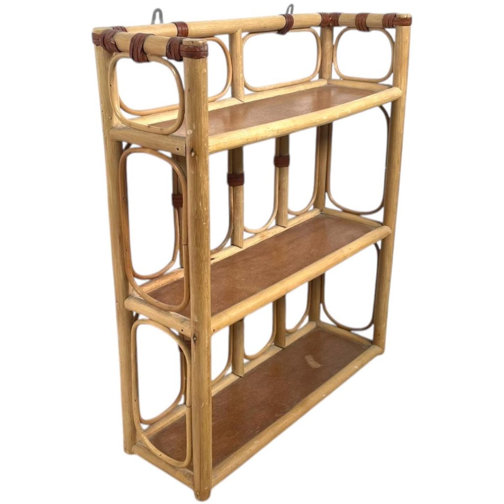 Vintage French Wooden Wood Pole Wall Hanging Three Tier Standing Small Shelf Shelving Unit Weathered circa 1970-80’s