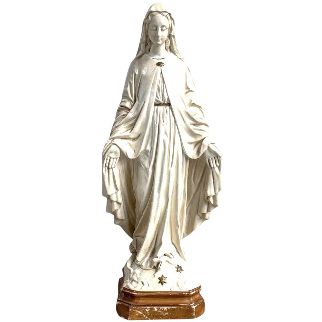 Antique French Plaster Mary Standing On Snake Ornament Statue Display Catholic Church Religious Symbol c1940-50's