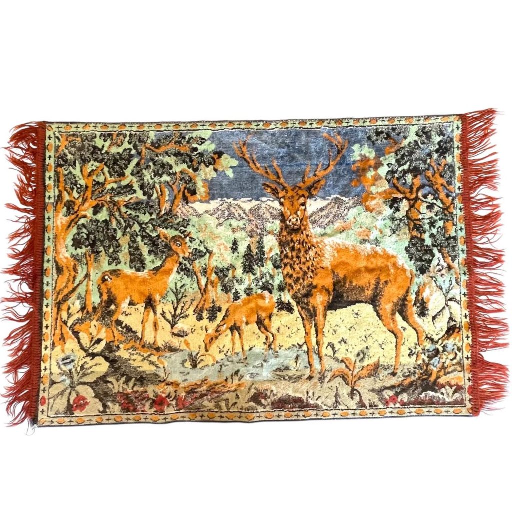 Vintage French Deer Stag Woodland Wall Hanging Carpet Floor Mat Rug circa 1970-80’s