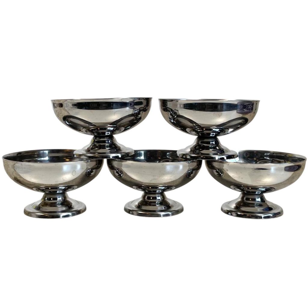 Vintage French Silver Steel Metal Small Ice Cream Sweet Pudding Cup Bowls Dishes Set Of Five circa c1970-80’s