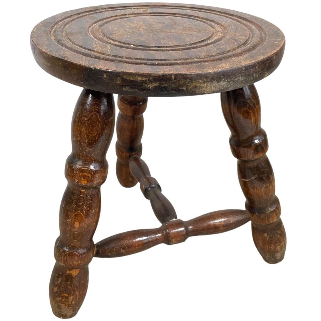 Stool Vintage French Traditional Worn Weathered Damaged Small Milking Stool Stand Braced Bobbin Leg Plinth Seating Tabouret c1950’s