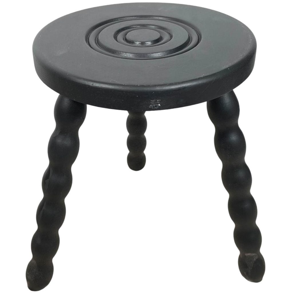 Stool Vintage French Refurbished Black Tripod Bobbin Leg Wooden Milking Table Round Shaped Plant Rest Stand Plinth Tabouret c1950-60’s