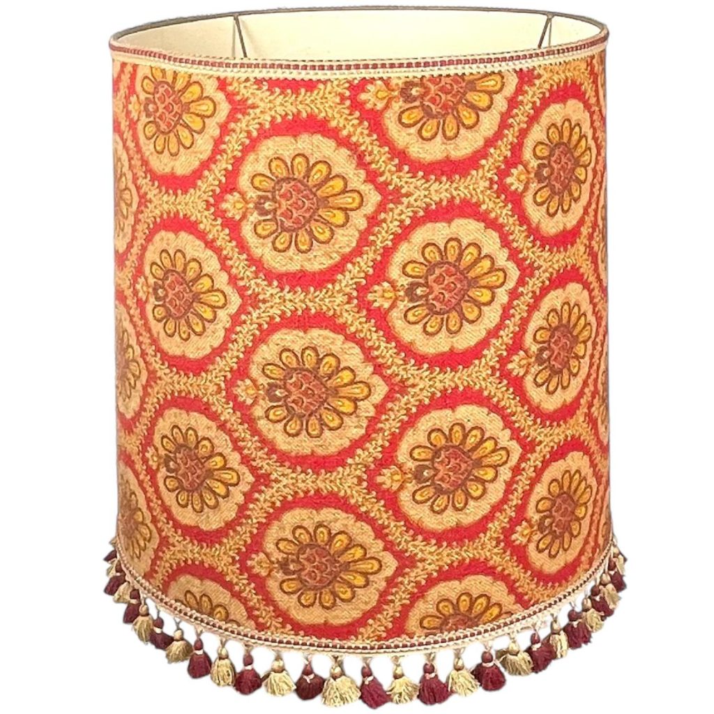 Vintage French Extra Large Brown Red Paisley Fabric Fringed Edging Trim Finish Lamp Shade Lampshade Floor Light circa 1970-80’s