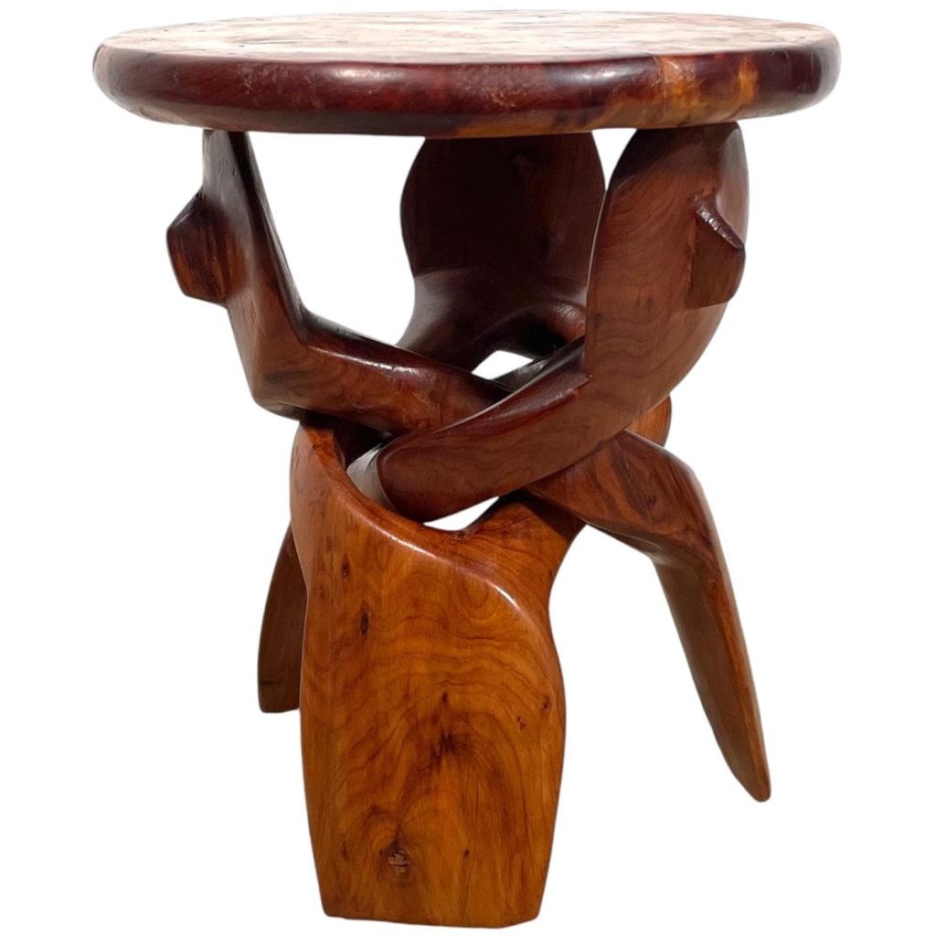 Vintage African Small Tabouret Table Africa Ornately Carved Wood Side Stand Display circa 1980’s