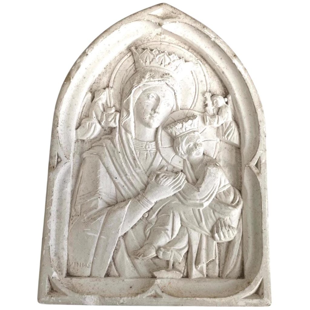 Vintage French Mary Jesus Child Biblical Scene Plaster Shield Wall Plaque Decor Ornament Figurine Display Gift c1960-70’s