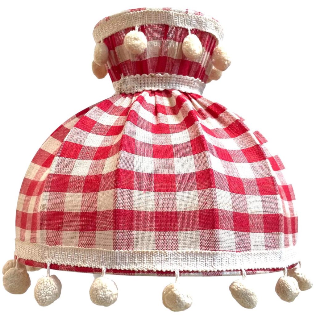 Vintage French Vichy Gingham Lampshade Fabric Red White Chequered  Bobble Small Desk Table Lamp Shade Material Design circa 1970-80’s