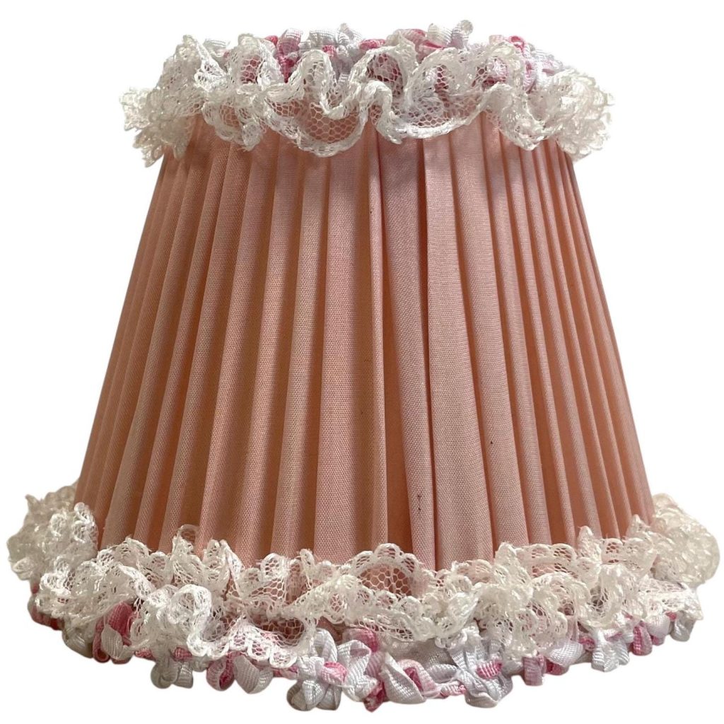 Vintage French Lampshade Fabric Frilly Pink Small Desk Table Lamp Shade Material Fringe Design circa 1970’s