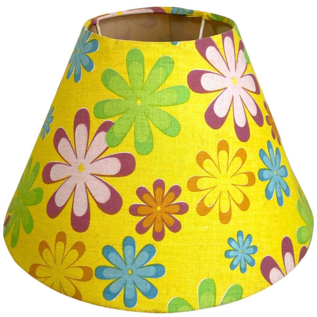 Vintage French Flower Power Yellow Lampshade Desk Bedside Lamp Shade Plastic Backed Material Design circa 1970-80’s