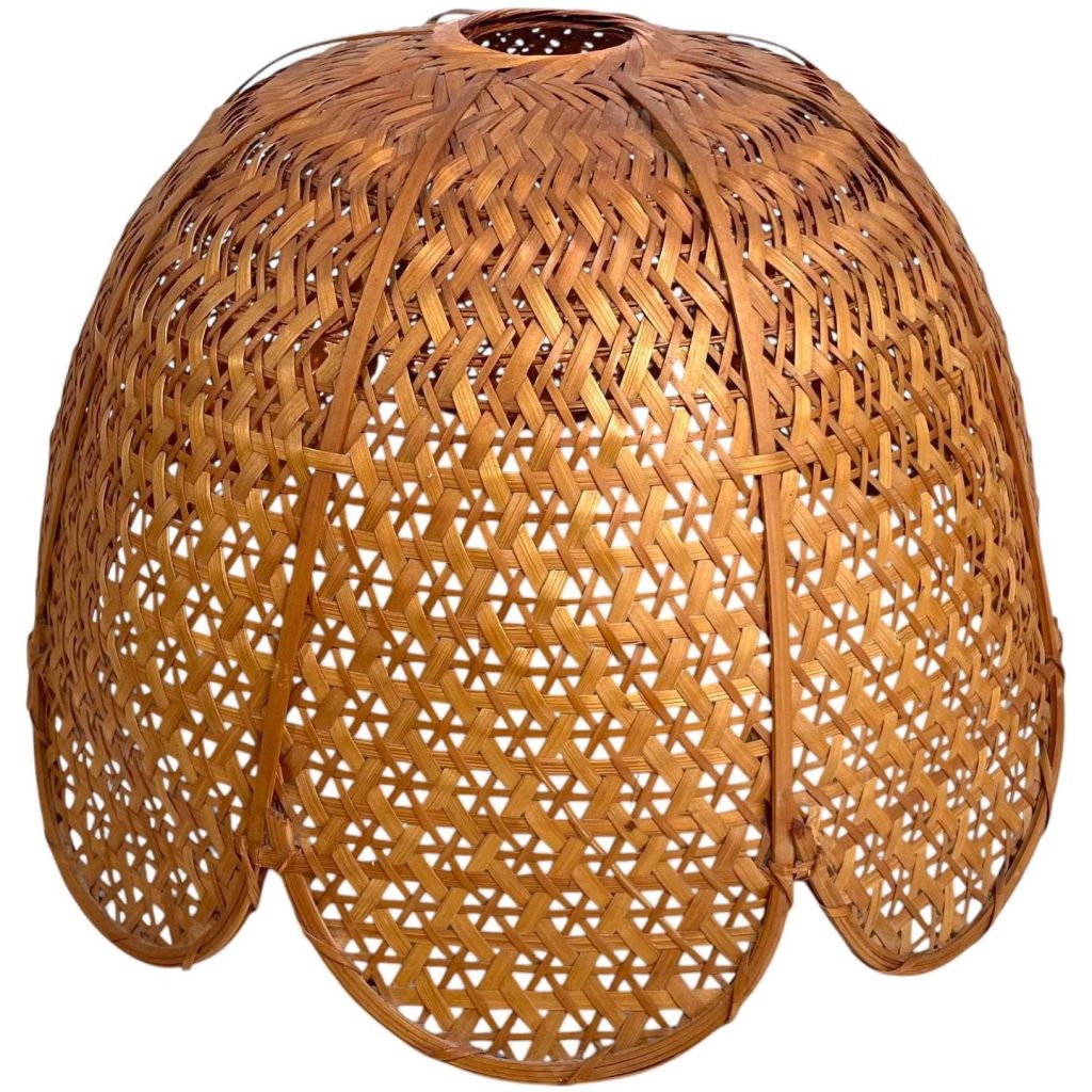 Vintage Rattan Woven Wood Lamp Shade Lampshade Circular Pendant Hanging Light Natural Brown circa 1980's