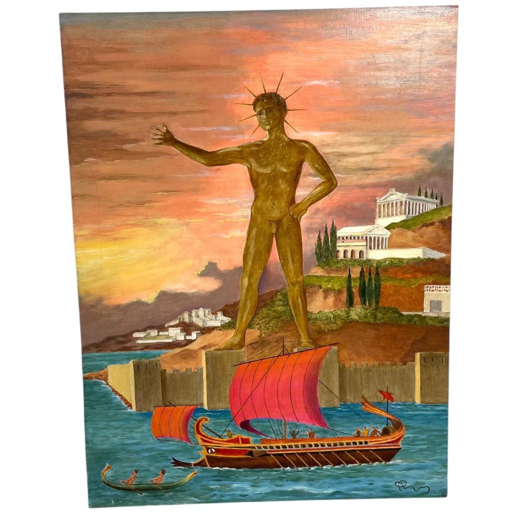 Vintage French "Le Colosse de Rhodes" Acrylic Painting On Hardboard Wall Decor Decoration Greek Inspired Art By Roger Pagny c1970-80's