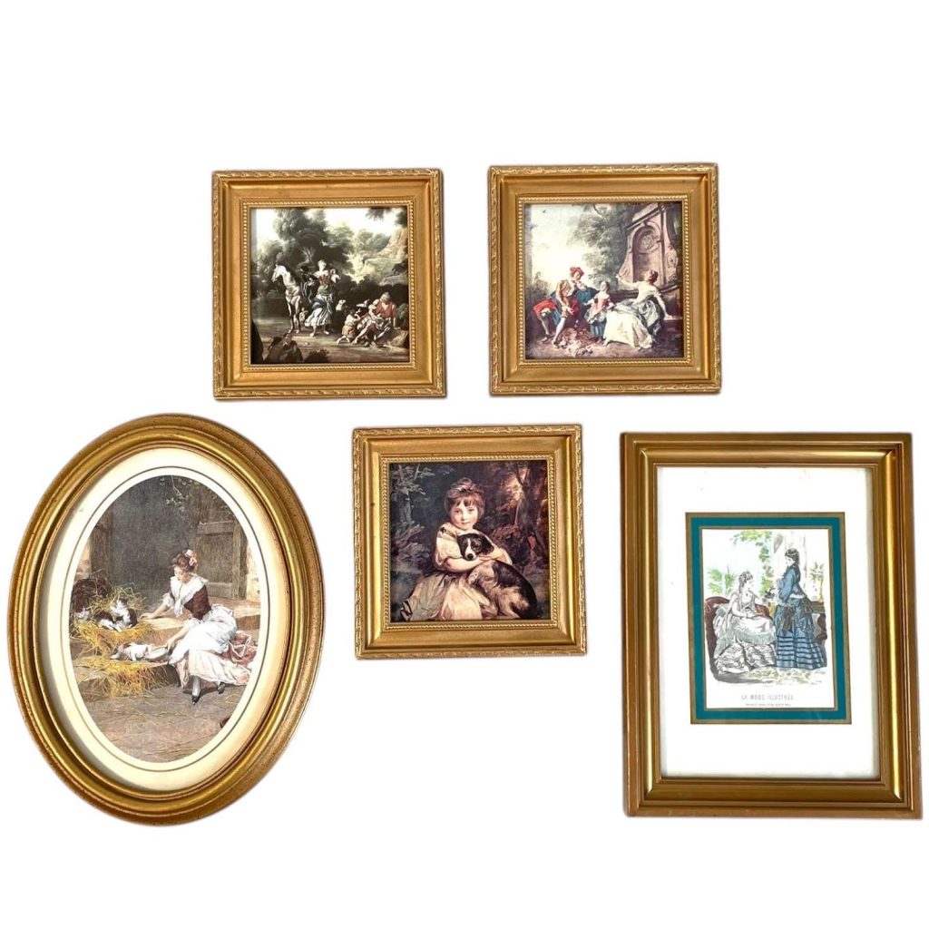 Vintage French English Small Framed Print Collection Of Five Reproduction Artworks Pictures Wooden Wood Gold Framed c1970-80's