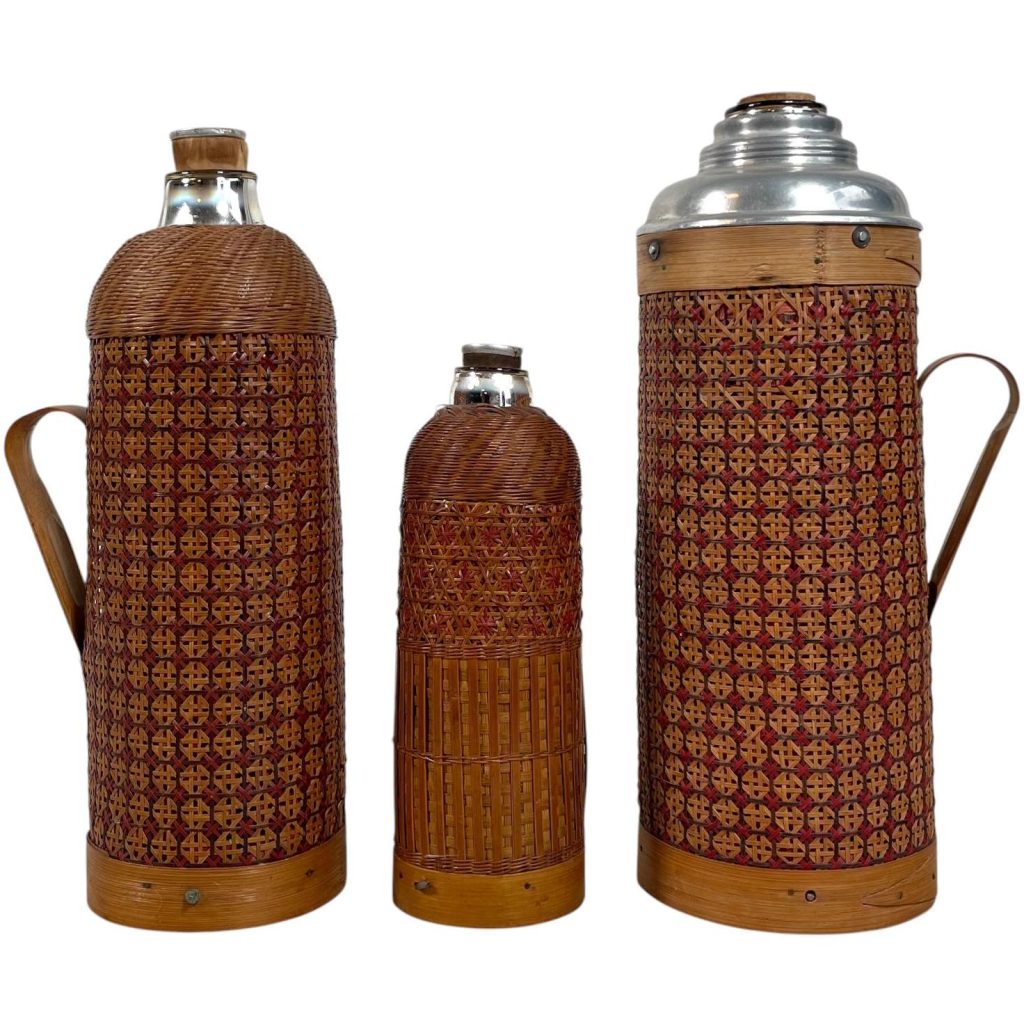 Vintage French Set Of Three Rattan Wrapped Glass Flasks Bottle Picnic Drinks Garden Thermos Insulated Portable Cooler Camping c1950's