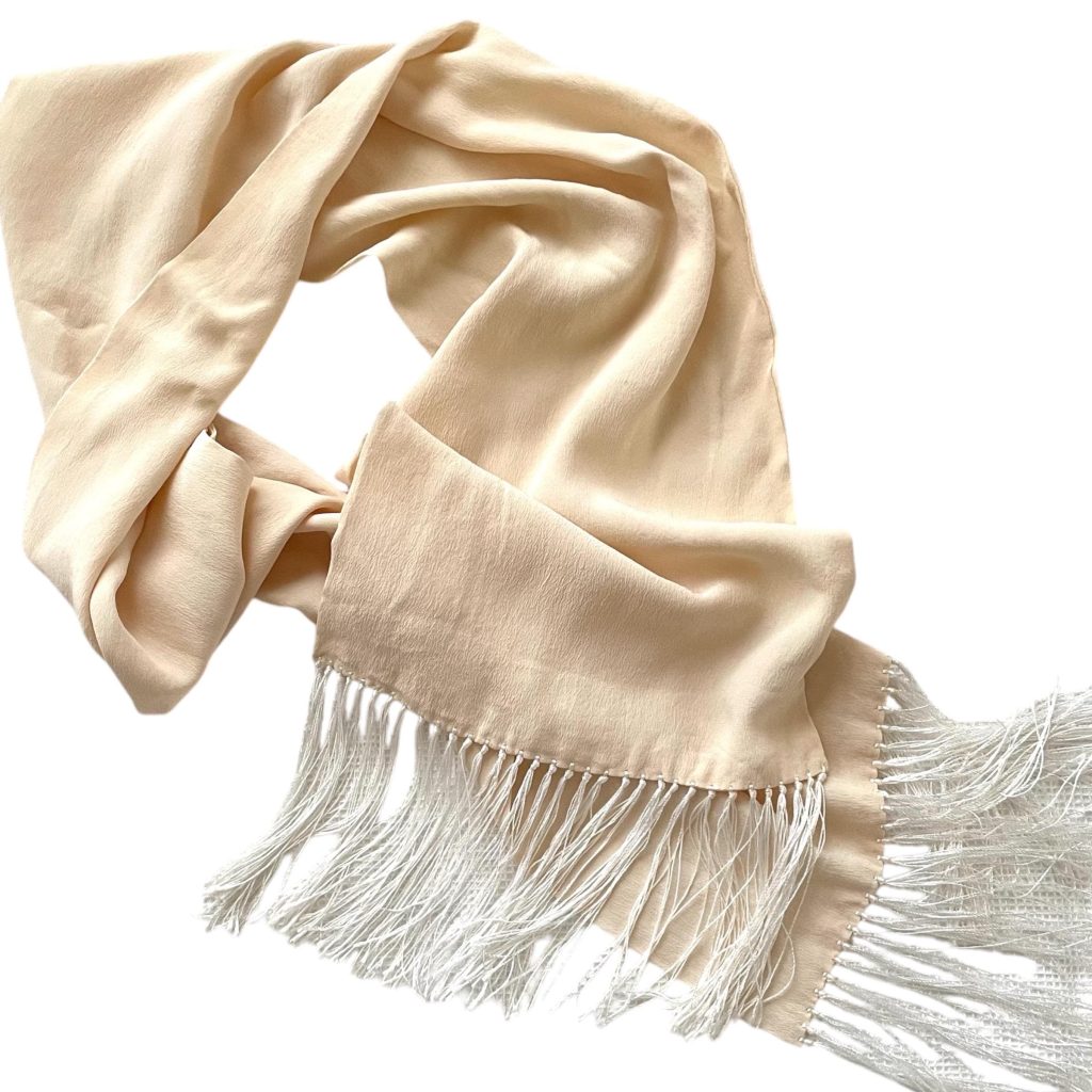 Antique French Champagne Silk Theatre Scarf White Cream White Fringe Top Decor Prop France circa 1920s