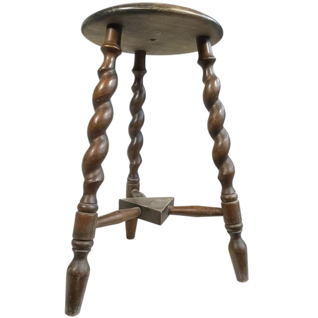 Vintage French Tripod Plant Stand Plinth Table Wooden Round Top Twisty Spiral Leg Rest Stand Tabouret c1960-70's