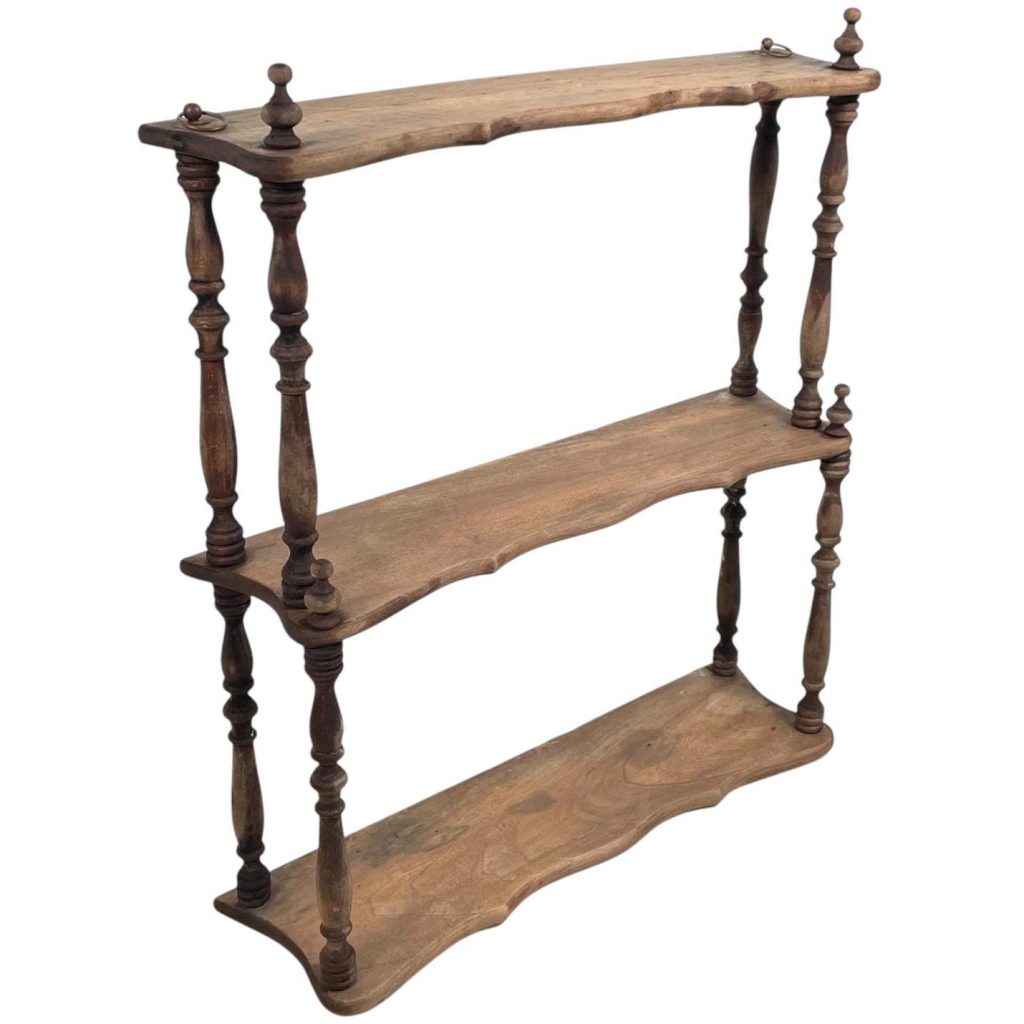 Vintage French Wood Wooden Dark Brown Natural Wood Three Shelf Shelving Wall Stand Display Plinth Turned Ornate c1930-40's